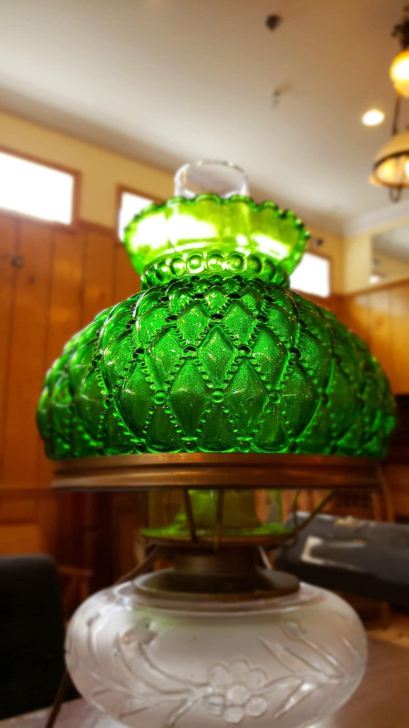 B&P Lamp Dark Green Table Lamp Shade with Diamond Quilted Pattern Student Glass Shade and Crimped Top, 7 Inch Fitter, for Vintage and Antique Style Globes - Image 2